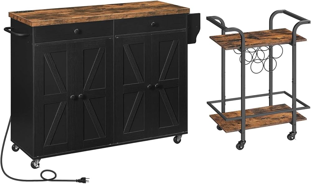 HOOBRO 43.3 Inch Kitchen Island with Charging Station and Bar Cart Bundle, for Kitchen, Living Room, Rustic Brown and Black BF11UZD01-BF56TC01