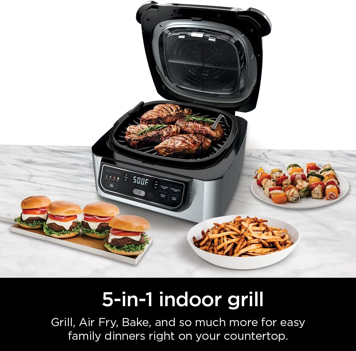 Ninja AG301 Foodi 5-in-1 Indoor Electric Grill with Air Fry, Roast, Bake   Dehydrate   Programmable, Black/Silver