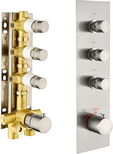 3 Way Shower Diverter Valve Brushed-Nickle, 3 Function Thermostatic Mixer Brass Valve Shower Head Diverter, Individual On Off Flow Control Shower Mixer Valve for Shower Arm Shower Kit