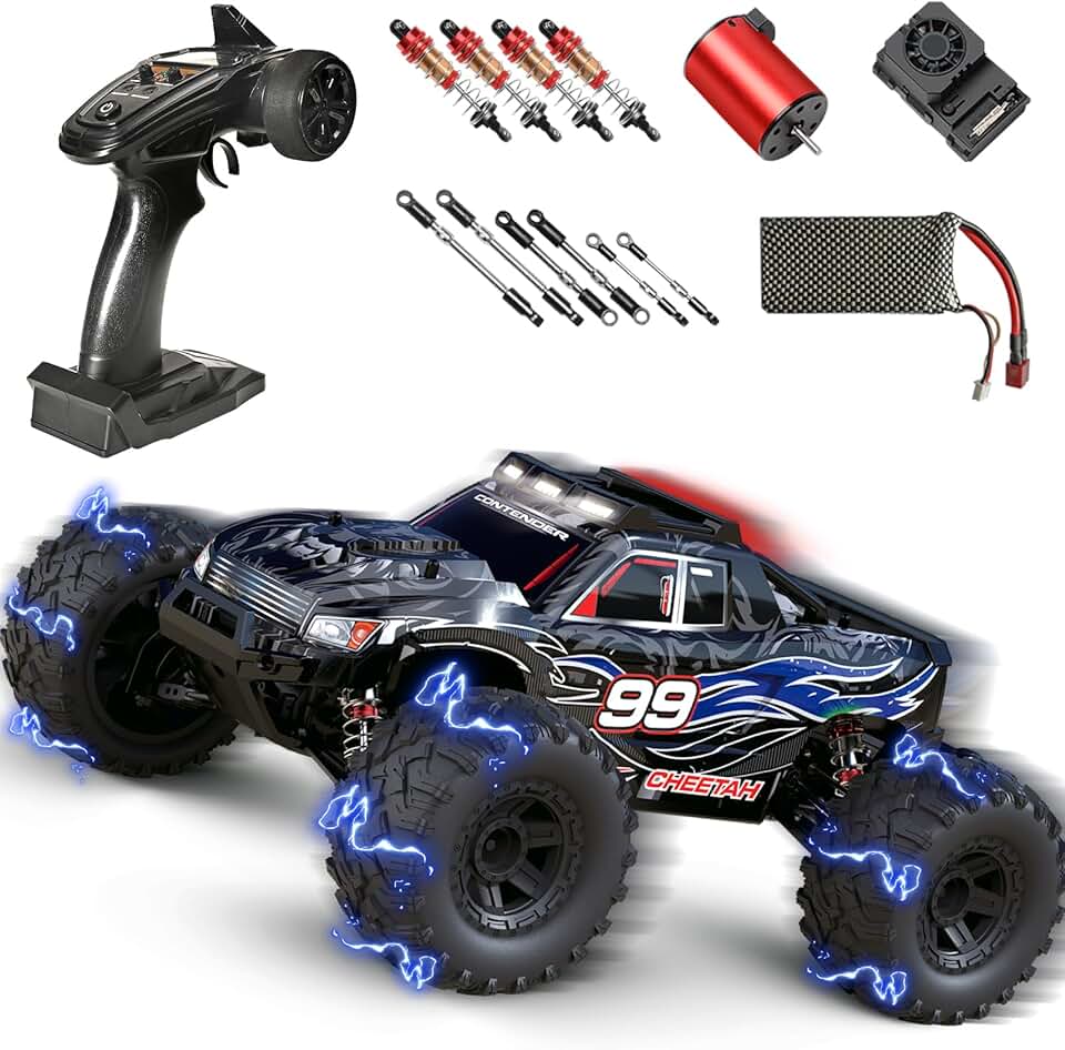 Brushless RC Car for Adults, 1:10 Fast Remote Control Car, Max 50+ MPH High Speed Fast RC Cars, 2.4 Ghz All Terrain Hobby Rc Trucks for Adults Boys, Off-Road Electric Monster Truck - Blue