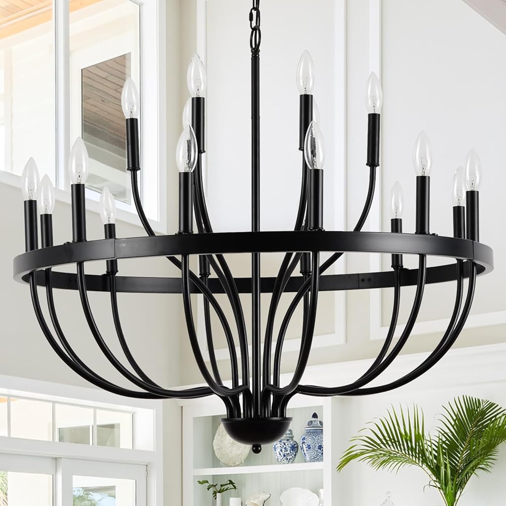 Black Chandelier 18-Light Industrial Iron Candle Chandelier Modern Suspended Farmhouse Chandeliers Pendant Light Fixtures for Dining Room Bedroom Living Room Kitchen Island Foyer E12 Bulb