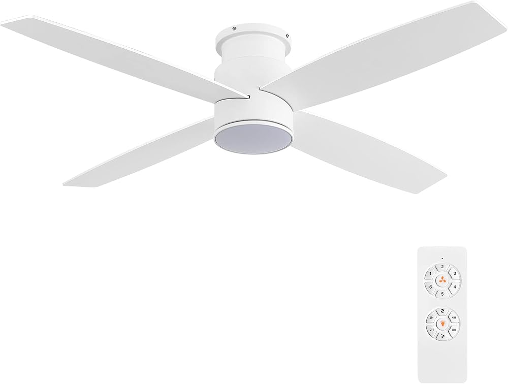 WINGBO 44 Inch Flush Mount DC Ceiling Fan with Lights and Remote, 4 Reversible Blades, Ultra Quiet 6-Speed DC Motor, Hugger Low Profile Indoor Ceiling Fan, White Finish
