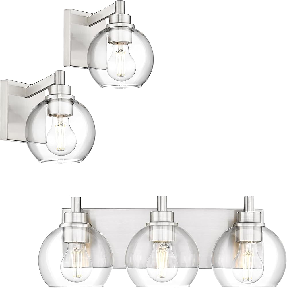 Bathroom Light Fixtures 1-Light Set of 2 and 3-Light, Brushed Nickel Modern Wall Sconces with Clear Glass Shade, VL195