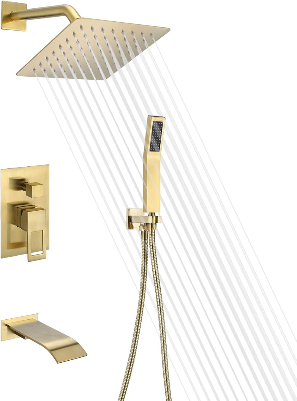 sumerain Tub and Shower Faucet System with Waterfall Tub Spout and Handheld Shower Head, Pressure-Balanced Valve, Brushed Gold