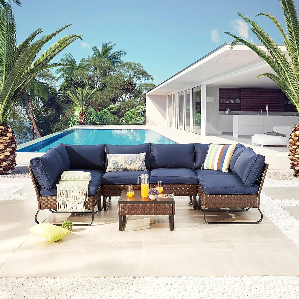 LOKATSE HOME 7 Piece Patio Rattan Sofa Sectional Outdoor Furniture Wicker Combination Conversation Set U-Shaped Leg Design of Cushioned Chairs and Coffee Table, Blue