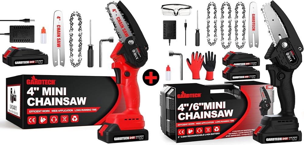 Mini Chainsaw 6/4Inch, Gardtech Cordless Portable Electric Chain Saw Handheld Chainsaws with 2023 Upgraded 4 Chains 2 Batteries Good for Olders, DIYer, Gardeners Continuously 2 Hours Work