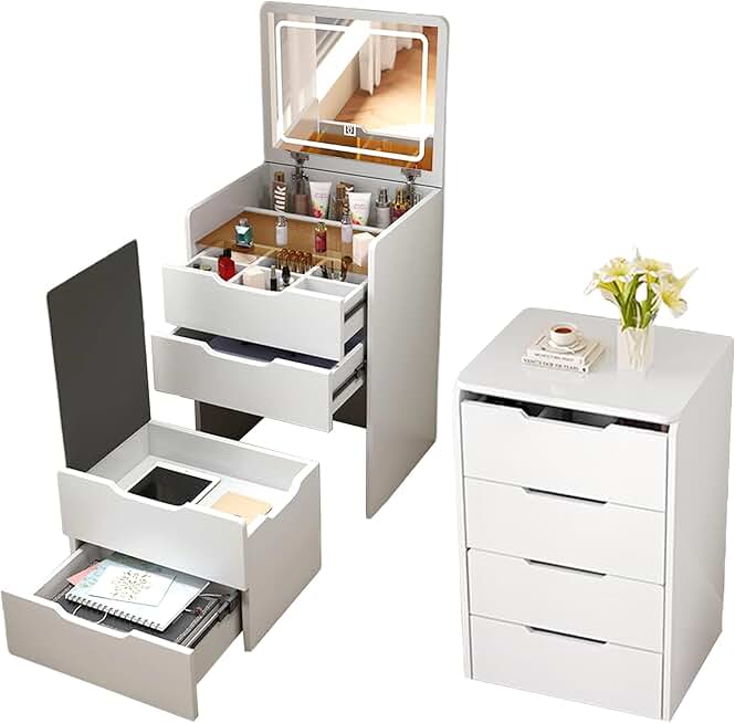 Vanity Desk with Mirror and Lights and Stool, Makeup Table with 3 Drawers, White Small Vanity with Glass Top, Flip Top Mirror Vanity with Adjustable Brightness, Space Saving Vanity(White)