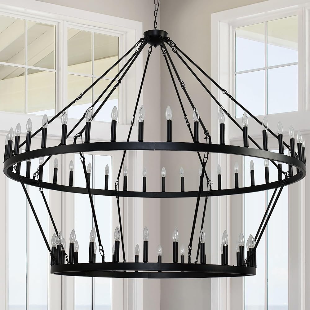 2 Tier 70 Inch Large Wagon Wheel Chandelier Farmhouse,64-Light Black Industrial Ceiling Pendant Light Fixture Round Rustic Hanging Lighting outdoor modern wheel chandelier for porch, high Ceilings