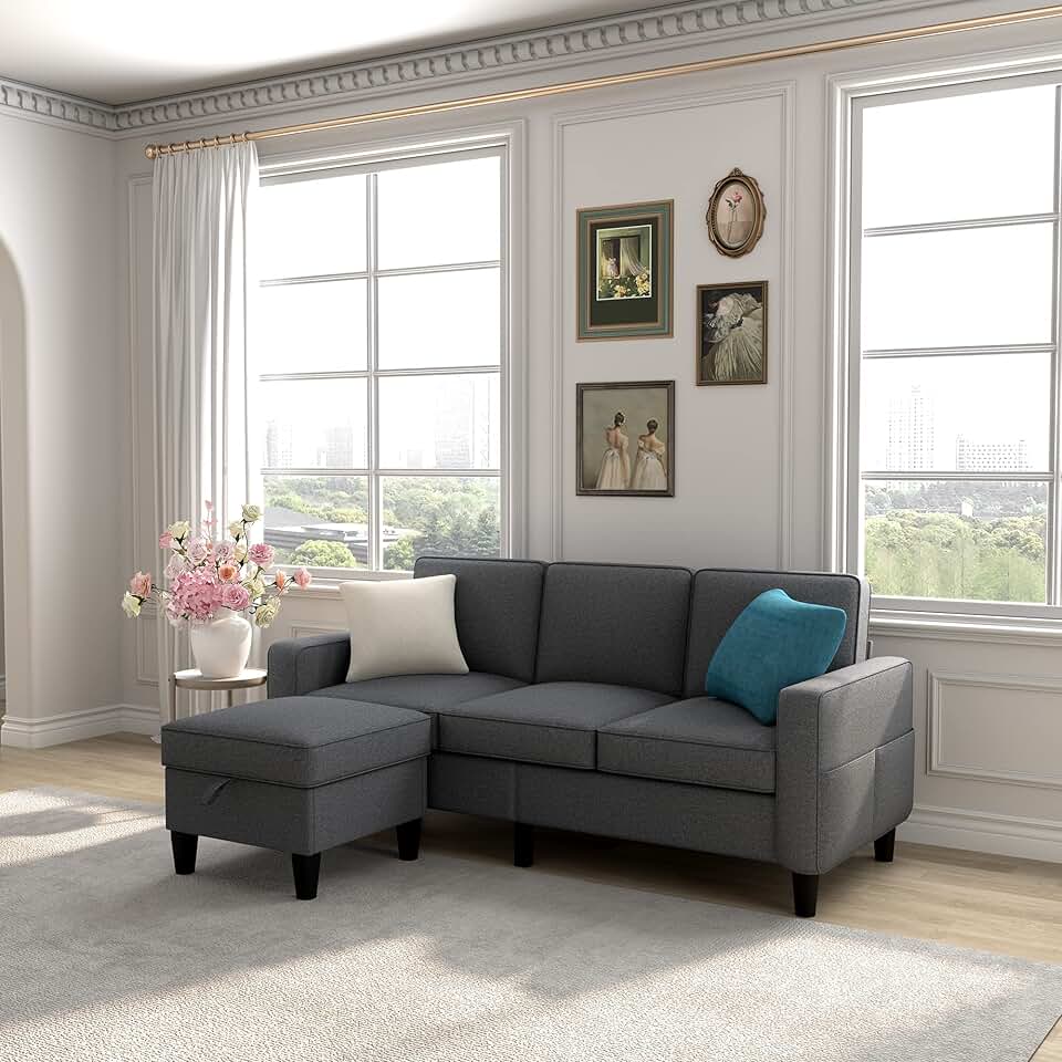TUTB Upholstered Sectional L-Shaped Reversible Ottoman,3 Seater Sofas for Families,Apartments,Dorms,Bonus Rooms,Space-Saving,Sturdy Wood Frame,Dark Grey, 77.5