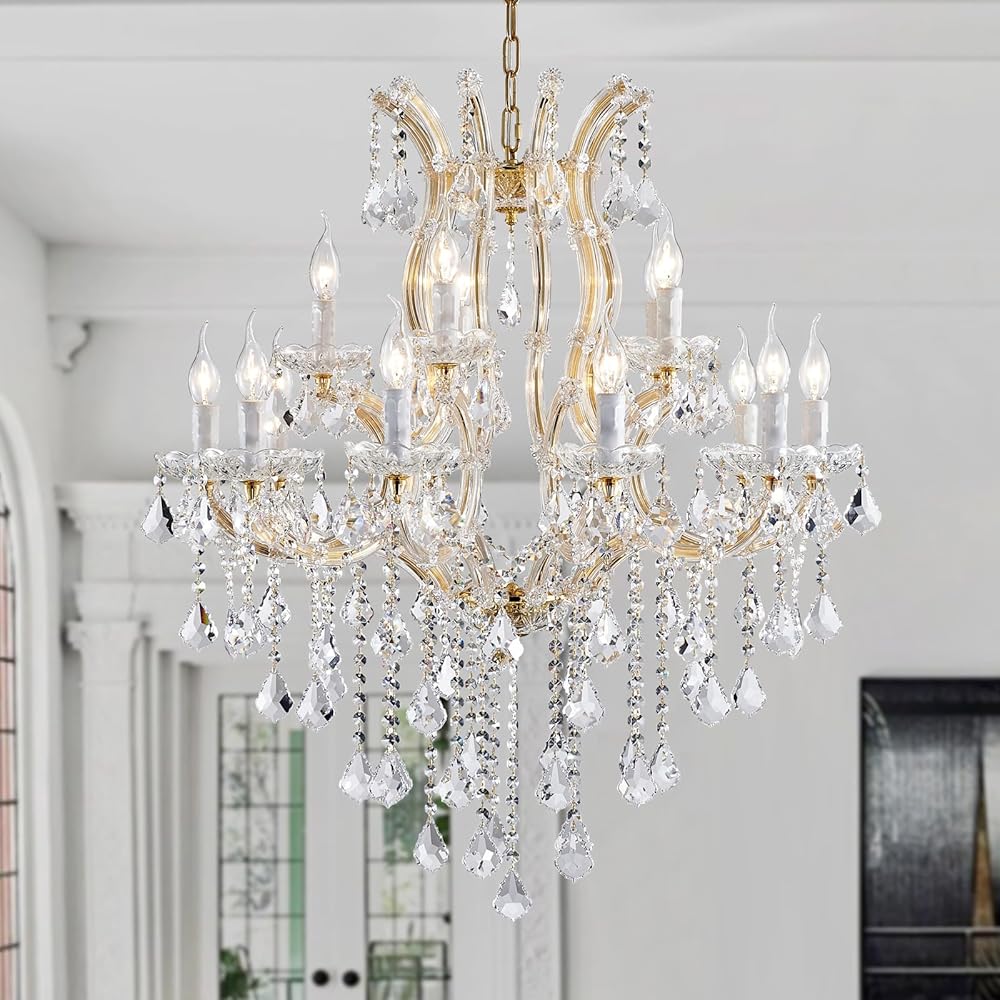 Modern Gold Chandelier Light Fixture - Large Maria Theresa Crystal Chandeliers for Dining Room, Kitchen Island, Living Room, Bedroom, 15 Lights, 2 layers