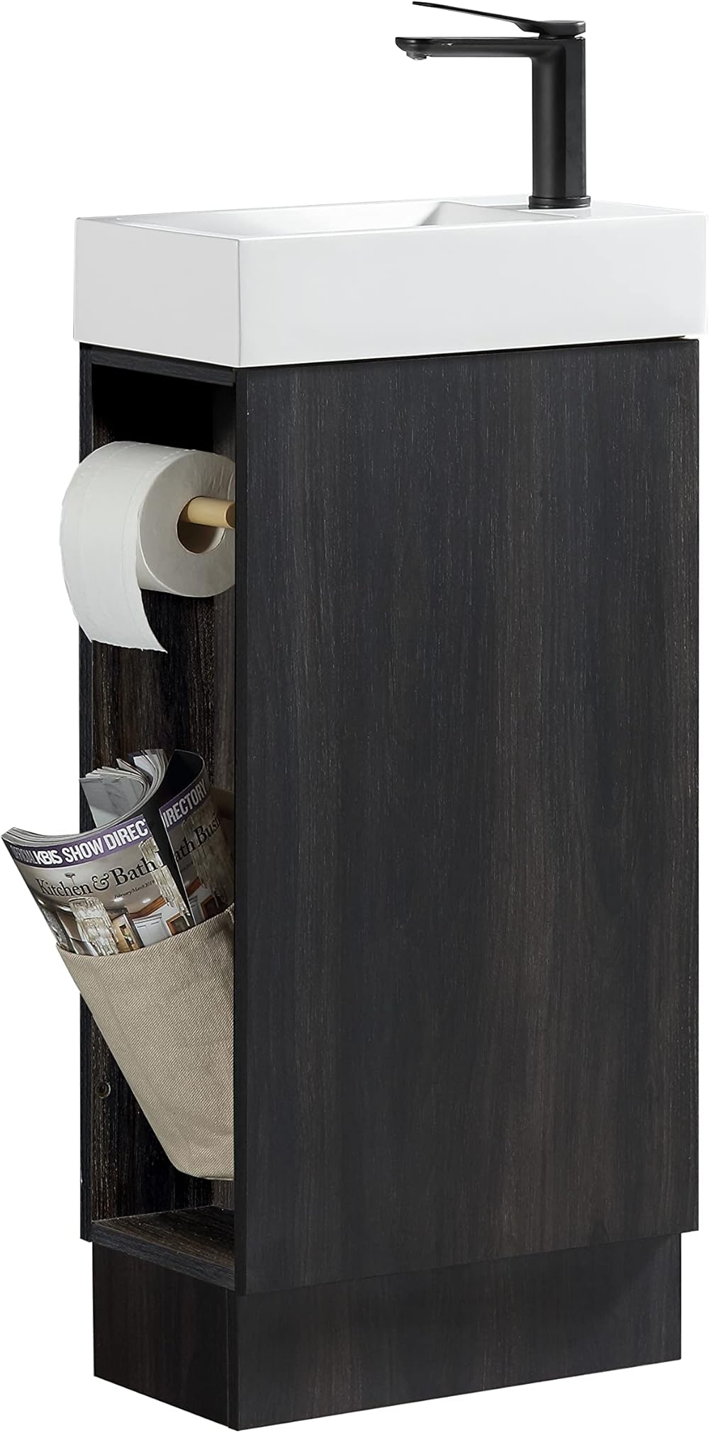 16“ Bathroom Vanity Sink Combo for Small Space, Modern Floor-Standing Small Bathroom Vanity with Sink, Small Bathroom Sink Cabinet Set with 2 Toilet Paper Holders, Black Wallnut