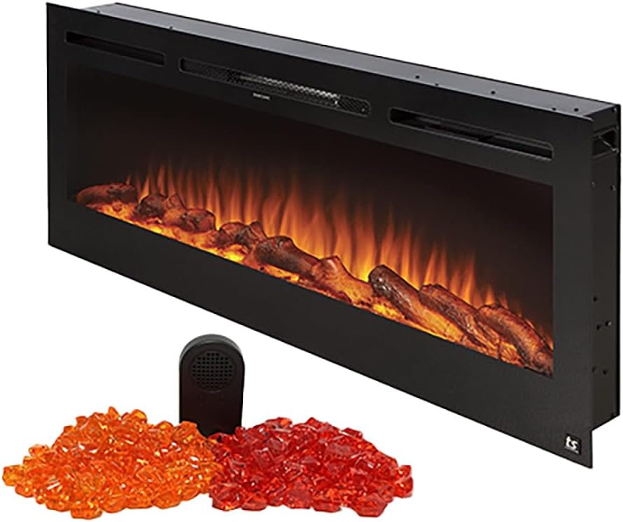 Touchstone Electric Fireplace with Accessory Bundle - The Sideline 60 Inch Wide Smart Electric Fireplace with Crackle Speaker and Extra Electric Fireplace Crystals (Red and Orange)