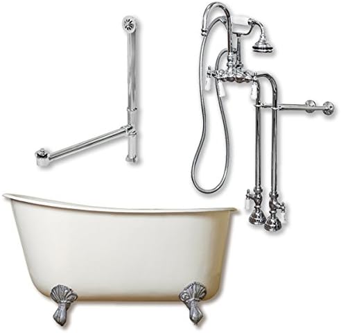 Swed54-398684-pkg-cp-nh Cast Iron Swedish Slipper Tub 54 X 30 With No Faucet Drillings And Complete Polished Chrome Free Standing English Telephone Style Faucet With Hand Held Shower Assembly Plumbing Packagein Faux Copper