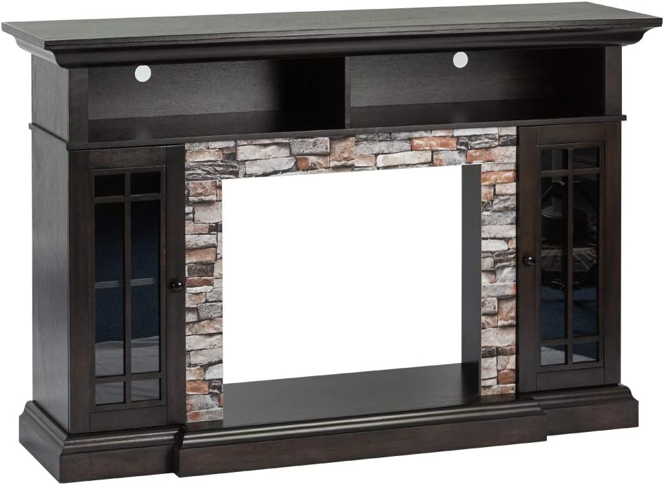 Whistler Large Mantel Electric Fireplace Stove TV Stand with Media Shelves - Faux Stone Dark Oak - 66