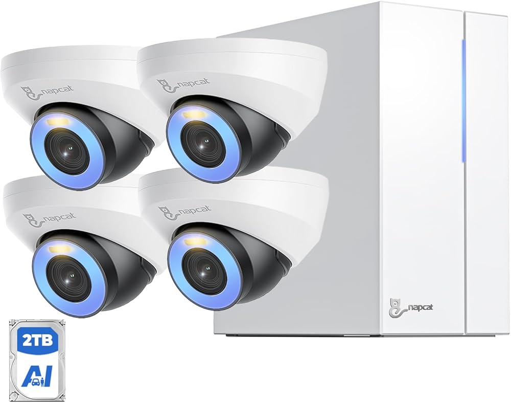 Home Security Camera System, 4K 8CH NVR, 2TB HDD, 4Pcs PoE Dome IP Outdoor Wired Cameras 4MP, Spotlight Color Night Vision, AI Detection, 2-Way Talk, IP67, Junction Box Included (N2804D)