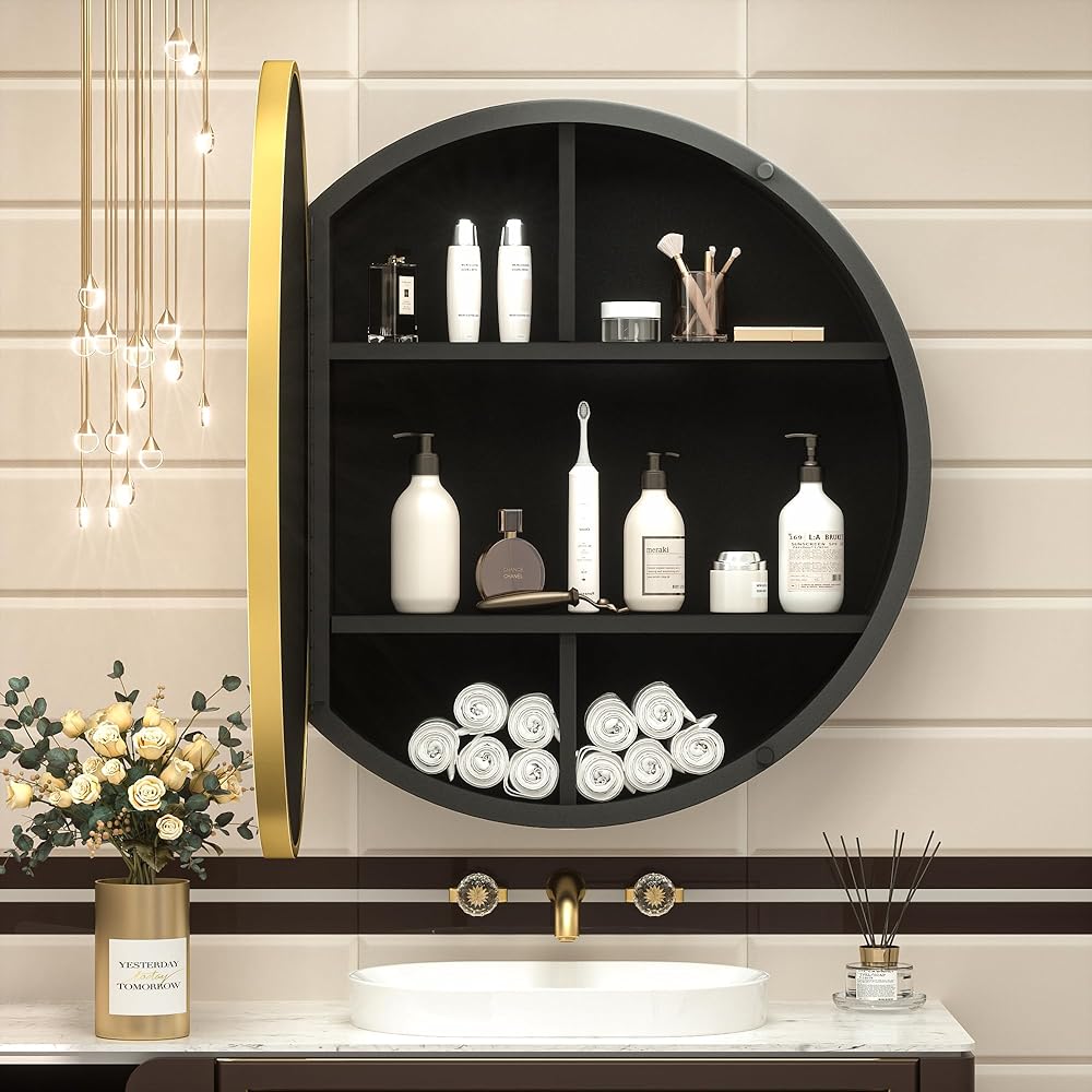 TokeShimi 26 Inch Round Gold Medicine Cabinets for Bathroom with Mirror Metal Framed Mirrored Bathroom Cabinet Surface Mount Only Detachable Sheleves Modern Farmhouse Circle Vanity Mirror with Storage