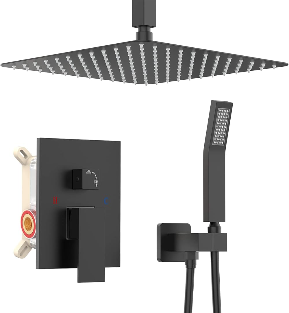 Ceiling Shower Fixture with 12 Inch Rainfall Shower head and Handheld Head, Bathroom Shower Faucet Set Trim Kit with Mixer Valve
