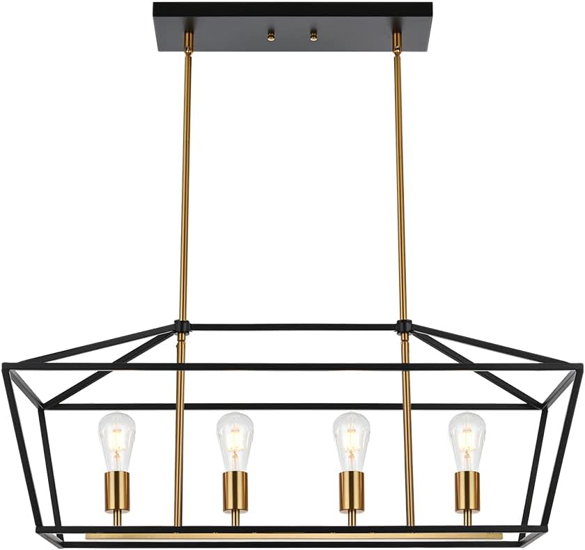 BONLICHT Traditional Black Kitchen Island Chandelier Rectangle 4 Light Linear Dining Room Lighting Fixture Hanging Brushed Brass Industrial Farmhouse Chandeliers for Bar Foyer Restaurant, E26 Base
