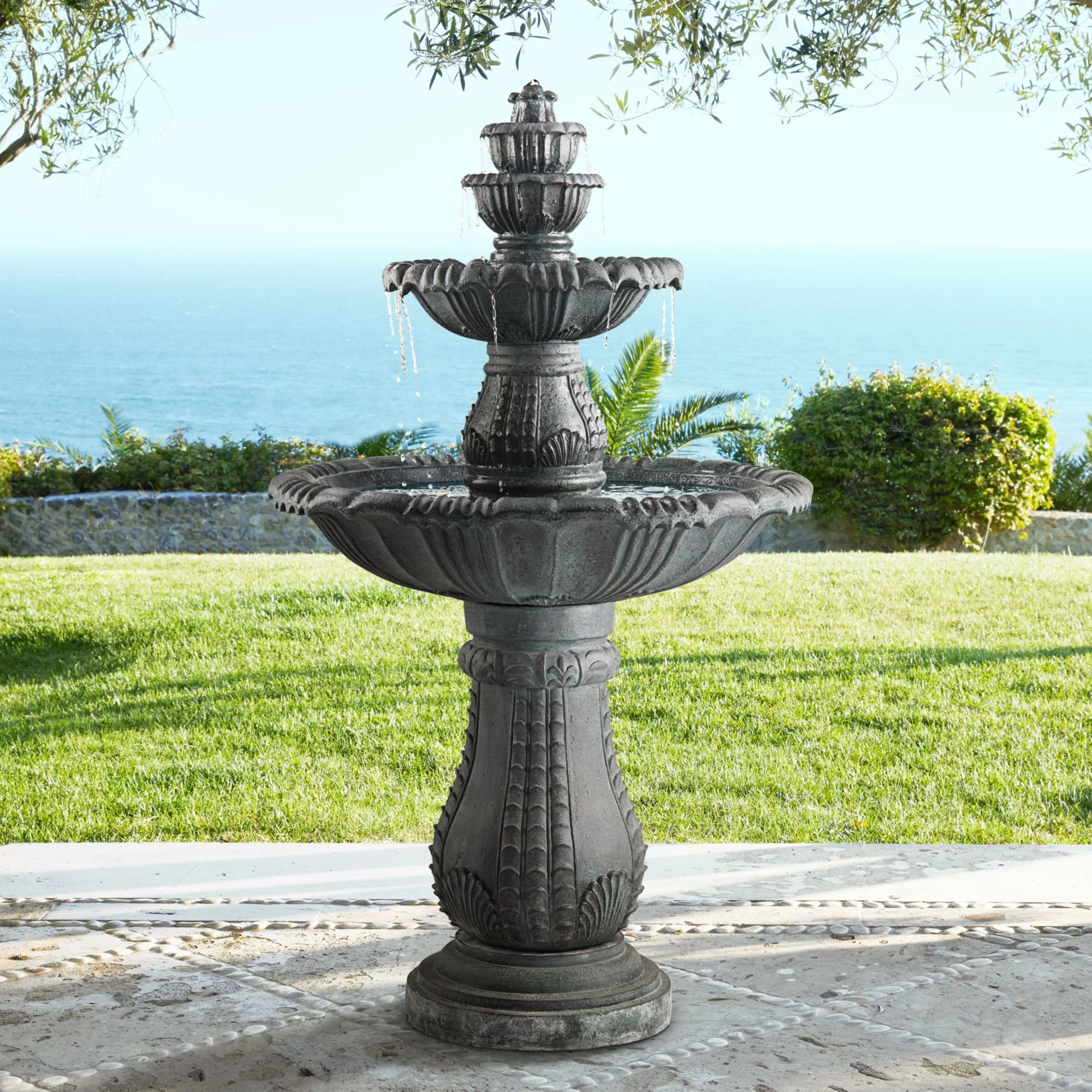John Timberland Hampton Rustic 4 Tier Cascading Outdoor Floor Water Fountain with LED Light 56 3/4
