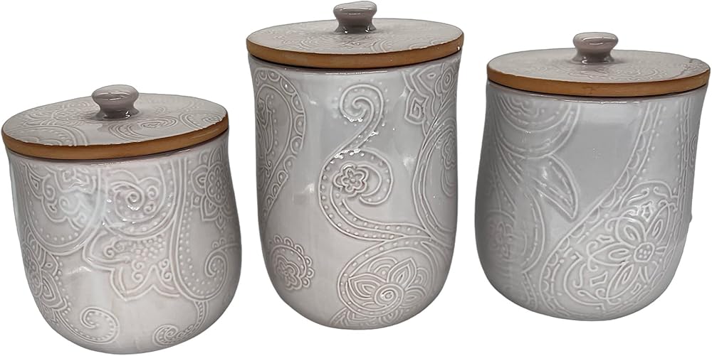 Whitewash Paisley 8.5, 7, 5.5 Ceramic Kitchen Jar Canisters Set of 3