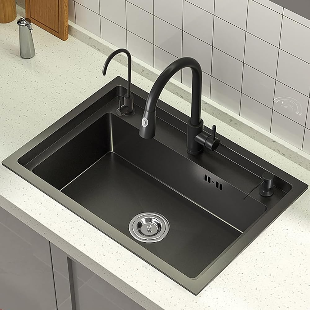 Black Kitchen Sink,Stainless Steel Sink 65×45cm,Undermount Sink with Reversible Drainer,for Utility Rooms Kitchens Bars or Pubs