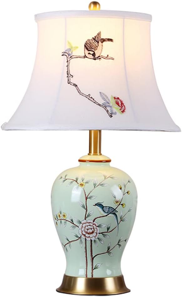 Chinoiserie Ceramic Bedside Lamp Table Lamps Wtih Floral Vase Base Ceramic Desk Lamp with White Drum Shade Night Lamp for Bedroom, Living Room,Green Finish