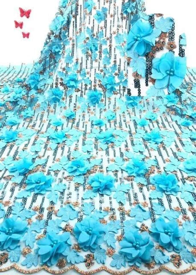 MahCraft African Lace Fabric Nigerian 3D Beaded Lace Fabric Green French Net Lace Fabric with Sequins for Dress FJ3290 Lace Fabric for Bridal Materials Sew Nigerian Lace Fabric