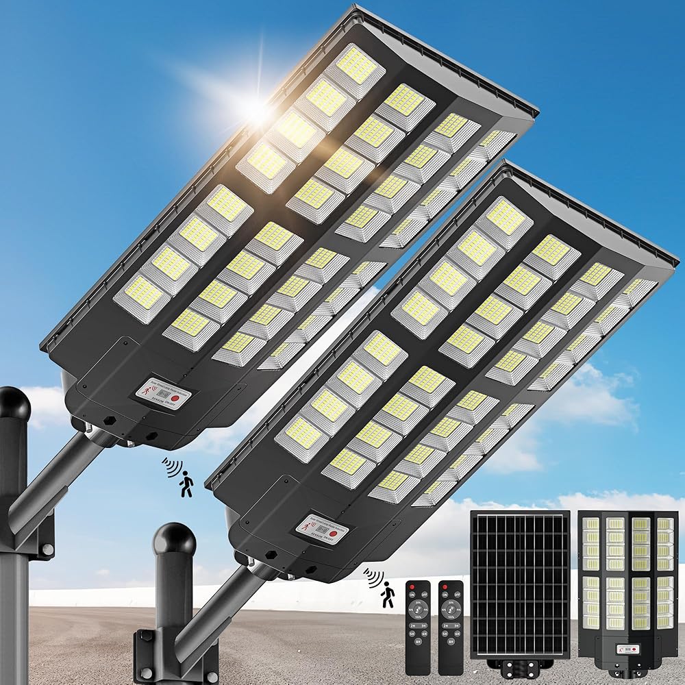 4200W Solar Street Lights Outdoor - Wide Angle Solar Lights Outdoor Motion Sensor, Solar Parking Lot Lights Dusk to Dawn, 7000K LED Street Lights Solar Powered for Commercial, Yard(2 Pack)