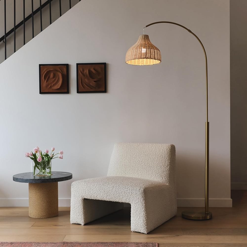 Brightech Lark Arc Lamp for Living Rooms & Offices, Floor Lamp with Unique Hanging Wicker Shade, Standing Lamp for Bedroom Reading, Tall Lamp Matches Boho and Other Living Room Decor, Brass