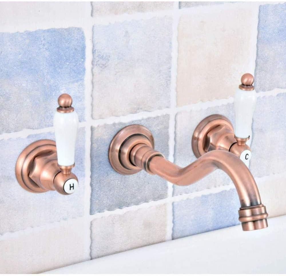 Faucet Antique Red Copper Brass Two Ceramic Levers Widespread 3 Holes Bathroom Tub Sink Faucet Sink Mixer Tap