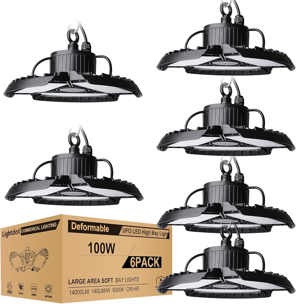 100W LED High Bay Light with 3 Adjustable Panels, 5000K 14000LM Super Bright Shop Lights, LED Commercial Bay Lighting with Plug for Barn/Warehouse/Workshop-6 Pack