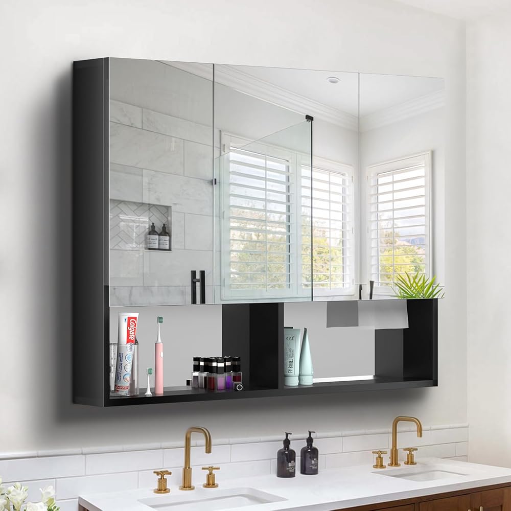 Modern Medicine Cabinet with Mirror Doors, Tri-View Bathroom Mirror Cabinet, L35.4 x H26.8 Inch Aluminum Wall Storage Cabinet with Open Shelves for Bathroom, Black, Waterproof, Surface Mounted