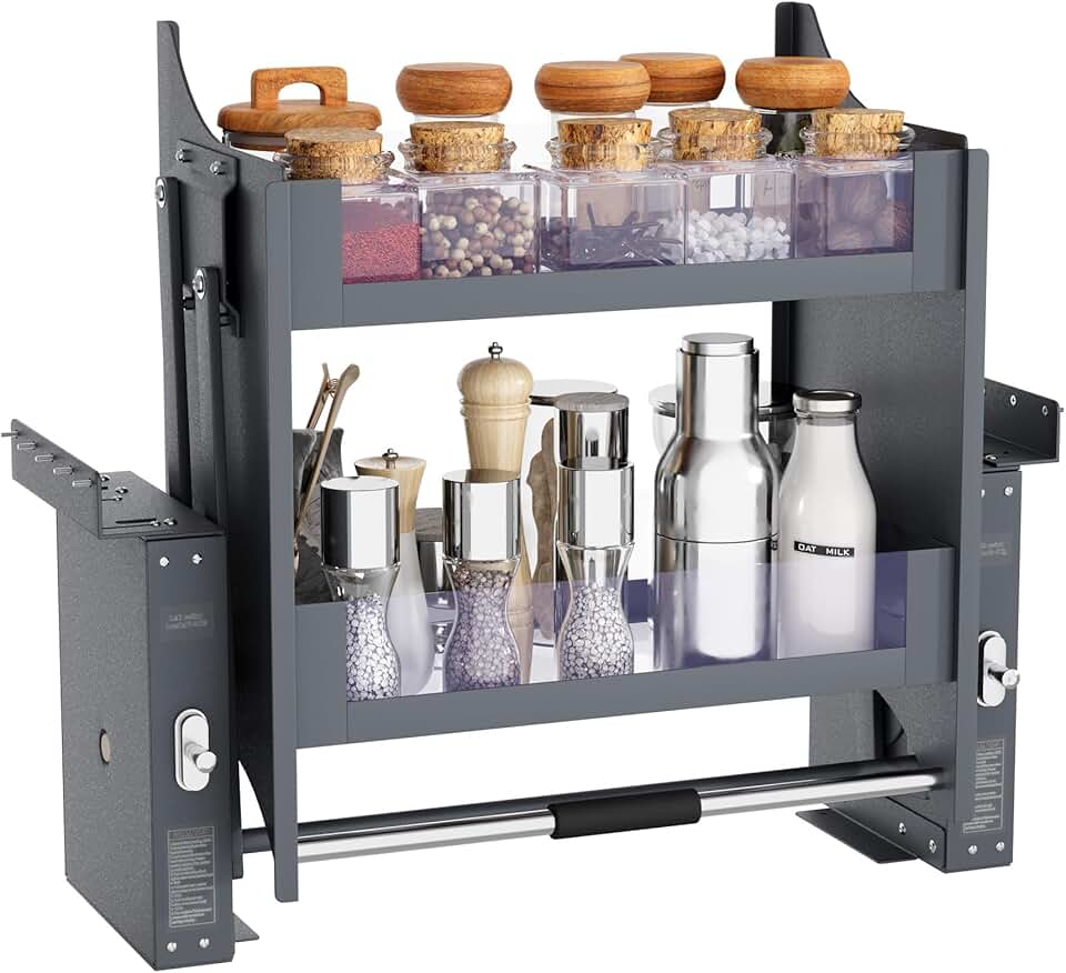 Pull Down Shelf for Kitchen Upper Cabinet,Heavy Duty Pull Down Cabinet Organizer, 2 Tier Upper Cabinet Pull Down Shelf Kitchen Cabinet Pull Down Spice Racks for Tall Kitchen, 26-28 inch Width, Grey