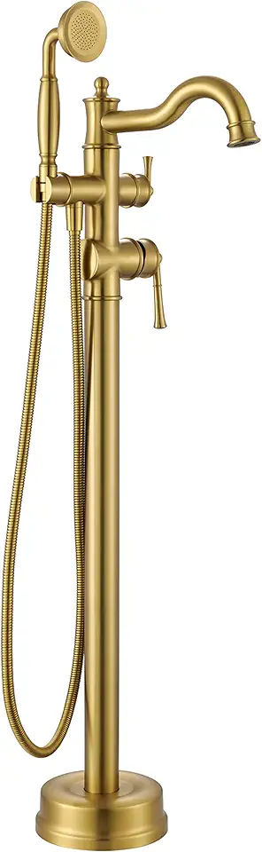 Freestanding Floor Mount Tub Filler with Handheld Shower Roman Bathtub Faucet by Brushed Gold Finish, Swivel Spout with Brass Rough-in and Water Hose