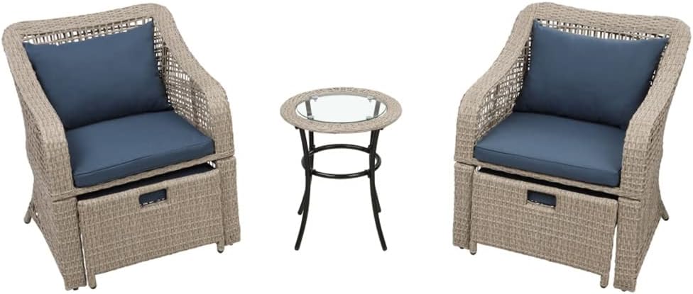 5-Piece Outdoor Conversation Set Patio Furniture Set Rattan Wicker Chair with Stool and Tempered Glass Table