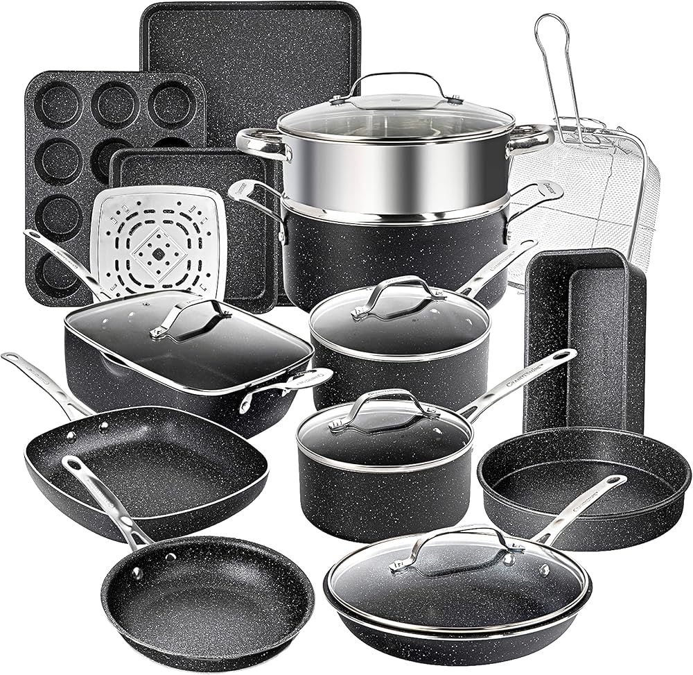 GRANITESTONE 20 Pc Kitchen Pots and Pans Set Non Stick Cookware Set, Kitchen Cookware Sets, Granite Nonstick Cookware Set, Diamond Coated Non Toxic Cookware Set, Oven & Dishwasher Safe - Black