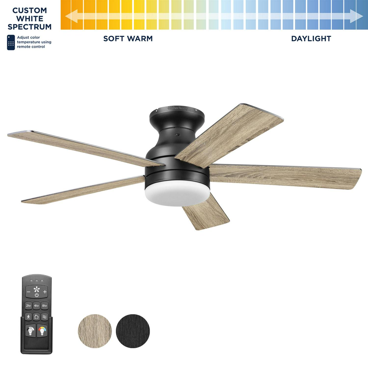 Harbor Breeze Crestwell 52-in Matte Black Color-changing Indoor Flush Mount Ceiling Fan with Light and Remote (5-Blade)