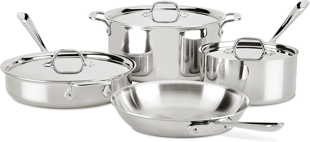 All-Clad D3 3-Ply Stainless Steel Cookware Set 7 Piece, Induction Compatible, Oven Broiler Safe 600F, Kitchen Cooking Set w/ Frying Pan, Sauce Pan, Saute Pan, Stockpot, Professional Pots & Pans Silver