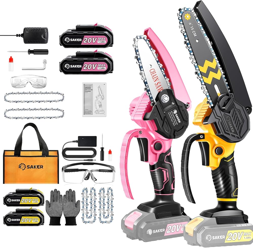 Saker Mini Chainsaw Cordless 6-Inch 2023 Upgrade Switch Security Lock and Saker Mini Chainsaw,Portable Electric Pink Mini Chainsaw Cordless