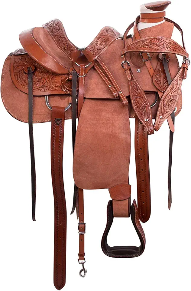 Manaal Enterprises Premium Leather Horse Wade Tree Western Leather Ranch Roping Work Horse Saddle Premium Leather Saddle for Ranch and Roping Work in (Roughout Wade, 17 Inches)
