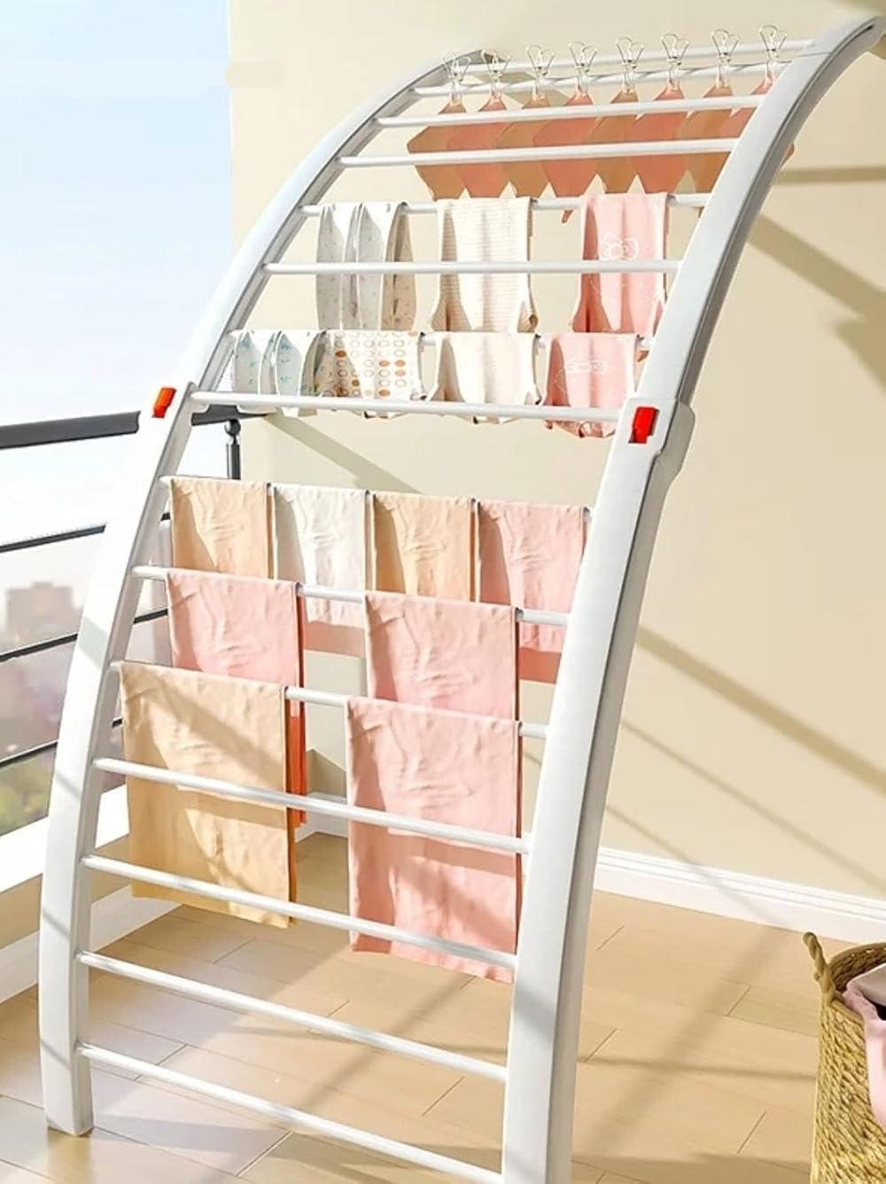 Ondaum Multi-Functional Foldable Drying Rack, Telescopic Indoor/Outdoor Clothes Dryer, White Metal Tubing Futon Hanger, Home & Balcony Use, Large, ON2024426