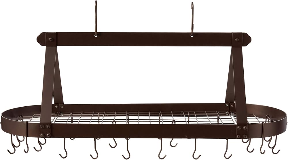 Old Dutch Oval Hanging Pot Rack with Grid & 24 Hooks, Oiled Bronze, 48 x 19 x 15.5