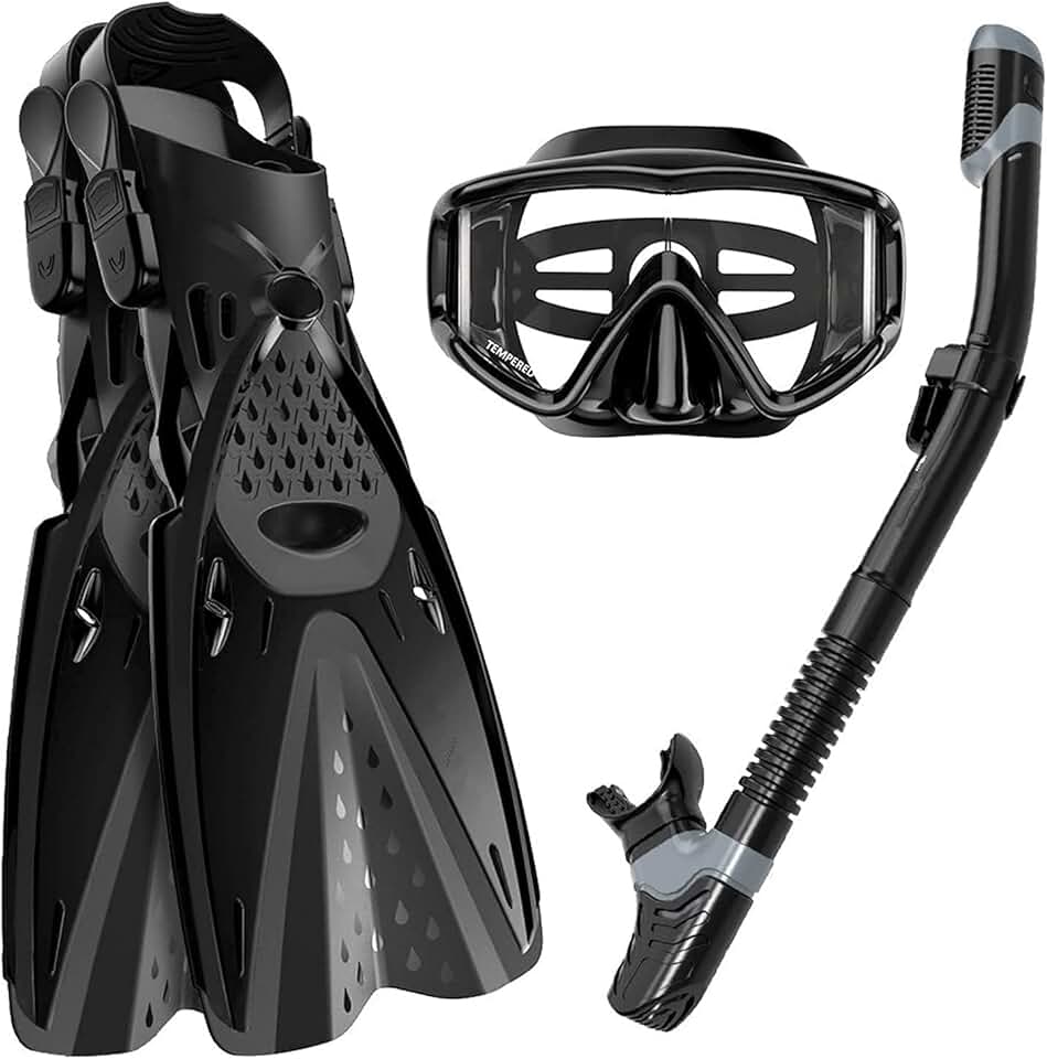 Diving mask Diving Masks Dry Snorkel Set Adjustable Panoramic Wide View Diving Deep Diving Snorkeling Professional Snorkelling Gear with Flippers for Adults and Kids Masks(Black,Medium)