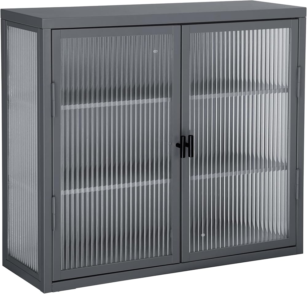 HomSof Retro Style Haze Double Glass Door Wall Cabinet with Detachable Shelves for Office, Dining Room,Living Room, Kitchen and Bathroom Grey Color
