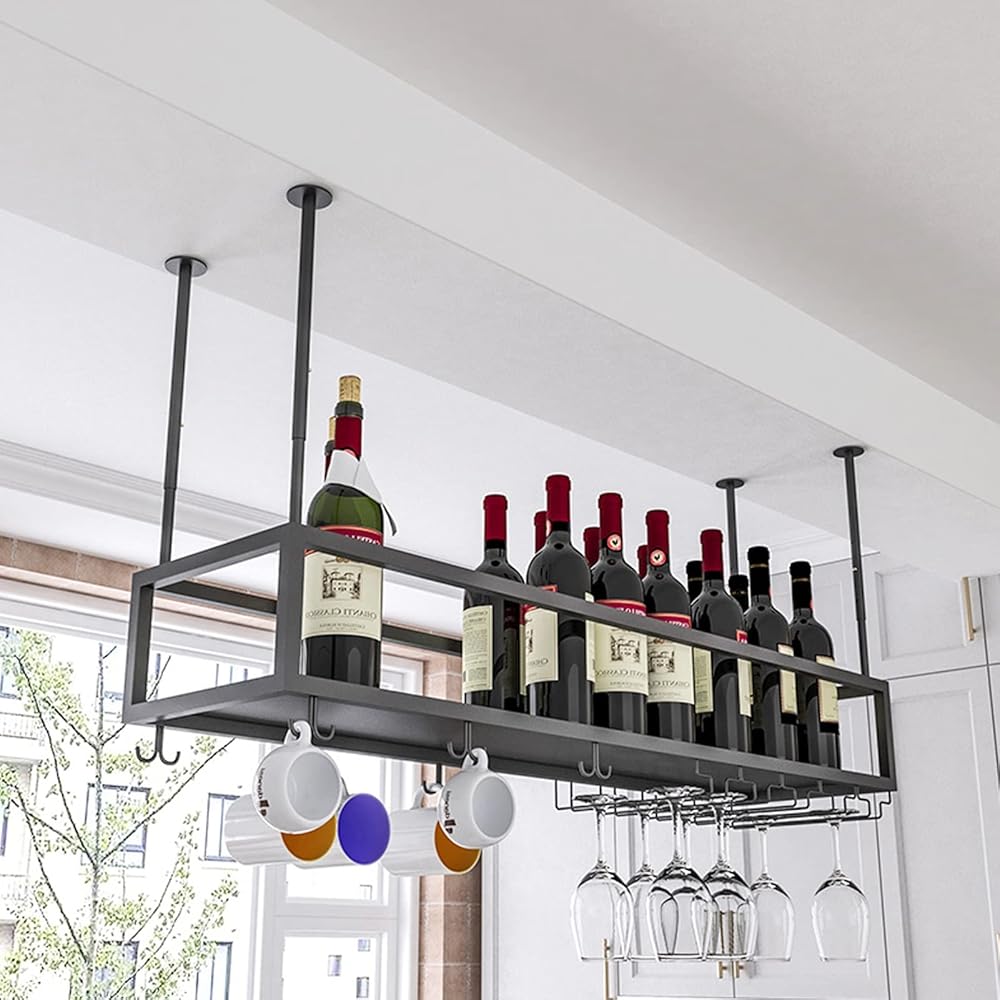 Black Wine Rack Ceiling Hanging Wine Bottle Holder, Wall Mounted Wine Holder Metal Floating Organizer Shelves Kitchen Storage Rack Pot Pan Rack/Onecolor/140 * 25 * 21Cm