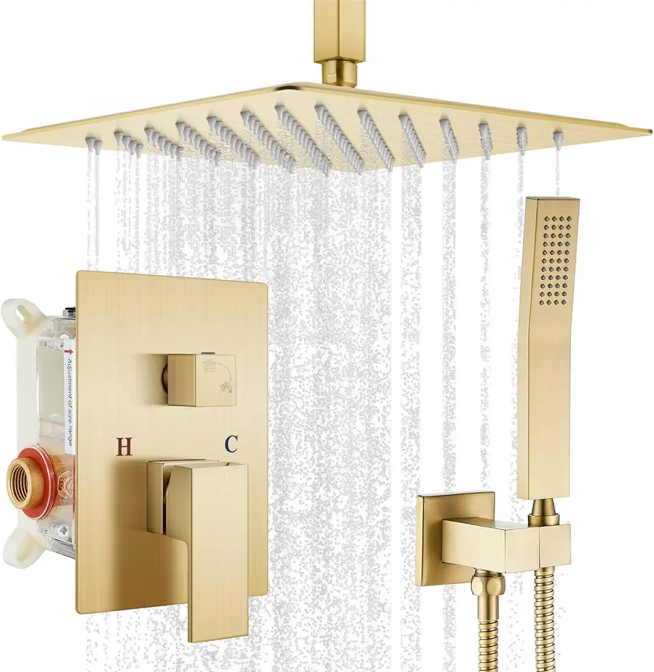 gotonovo Bathroom Rain Shower Combo Set Ceiling Mount with Handheld Spray High Pressure Luxury Shower Mixer Faucet with Rough-in Valve Shower Trim 2 Function 12 inch Shower Head Brushed Gold