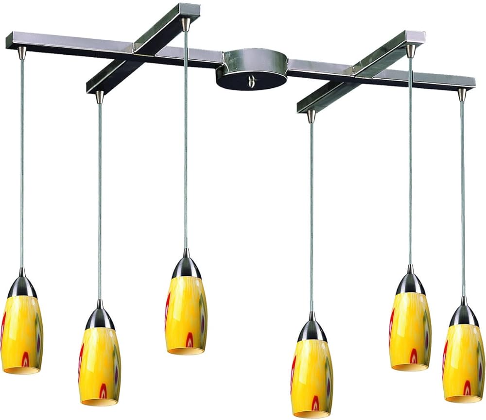 Elk 110-6YW 6 Satin Nickel and Yellow Blaze Glass Pendant Light, 17W X 33D X 7H