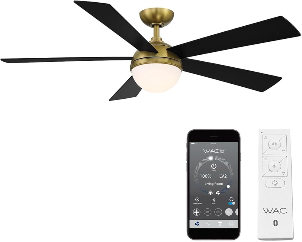 WAC Smart Fans Eclipse Indoor and Outdoor 5-Blade Ceiling Fan 54in Satin Brass Matte Black with 3000K LED Light Kit and Remote Control works with Alexa and iOS or Android App