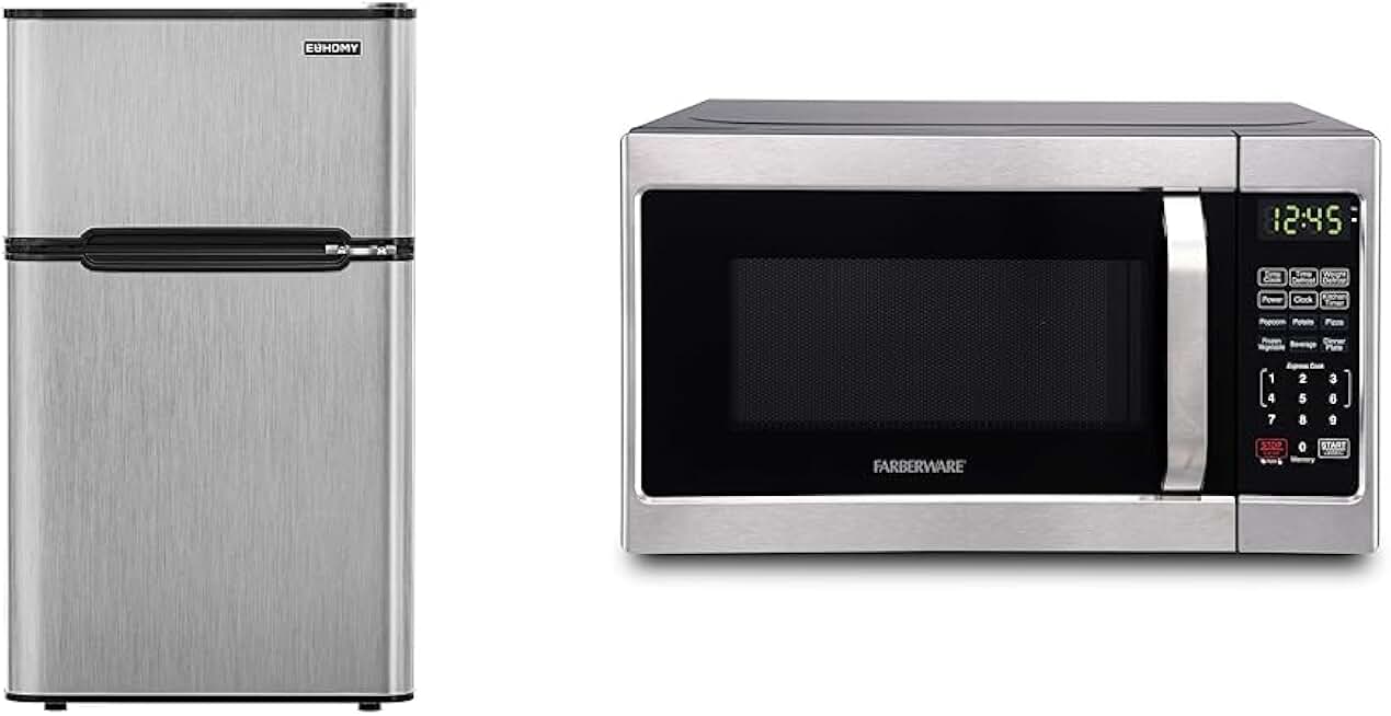 Euhomy Mini Fridge with Freezer, 3.2 Cu.Ft Compact Refrigerator with freezer, 2 Door Mini Fridge & Farberware Countertop Microwave 700 Watts, 0.7 cu ft - Microwave Oven With LED Lighting and Child