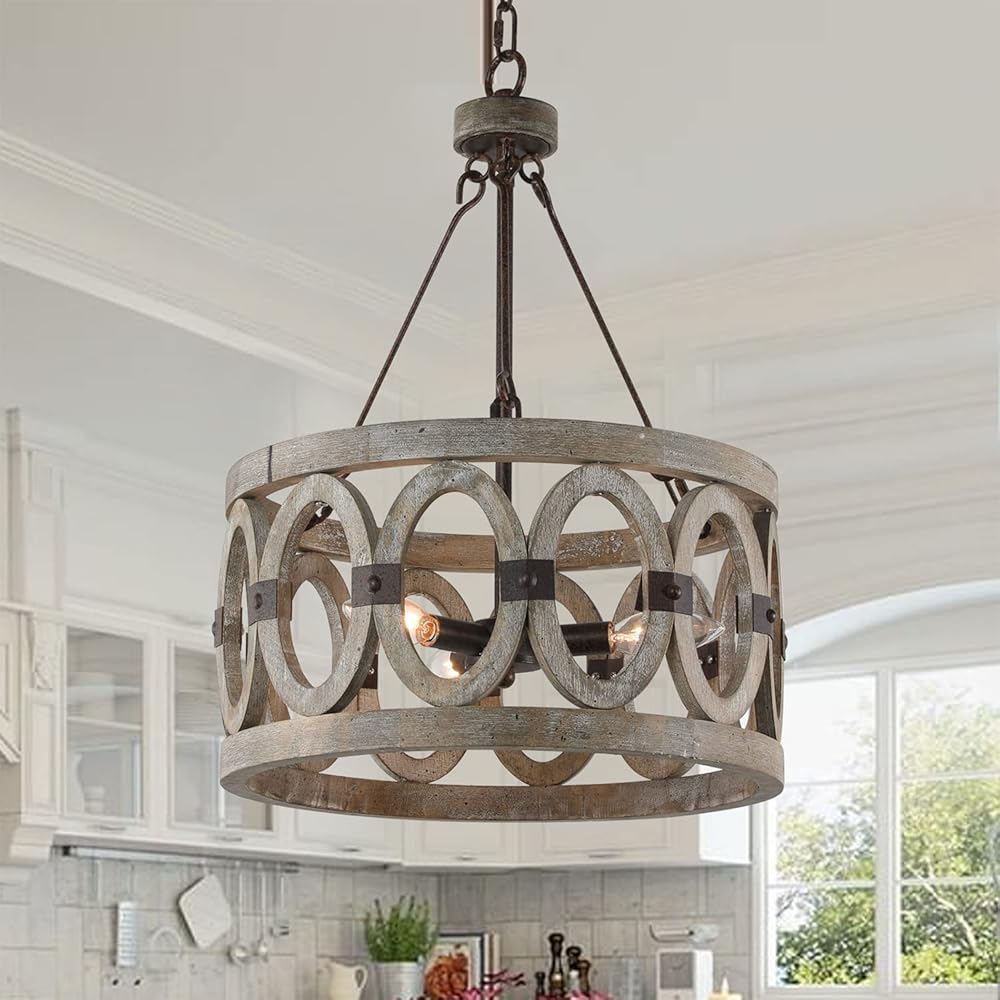 Farmhouse Chandelier, Rustic Wooden French Country Drum Chandelier 3-Light Antique Wood Pendant Light Hanging Ceiling Light Fixtures for Living Room Dinning Room Bedroom Foyer